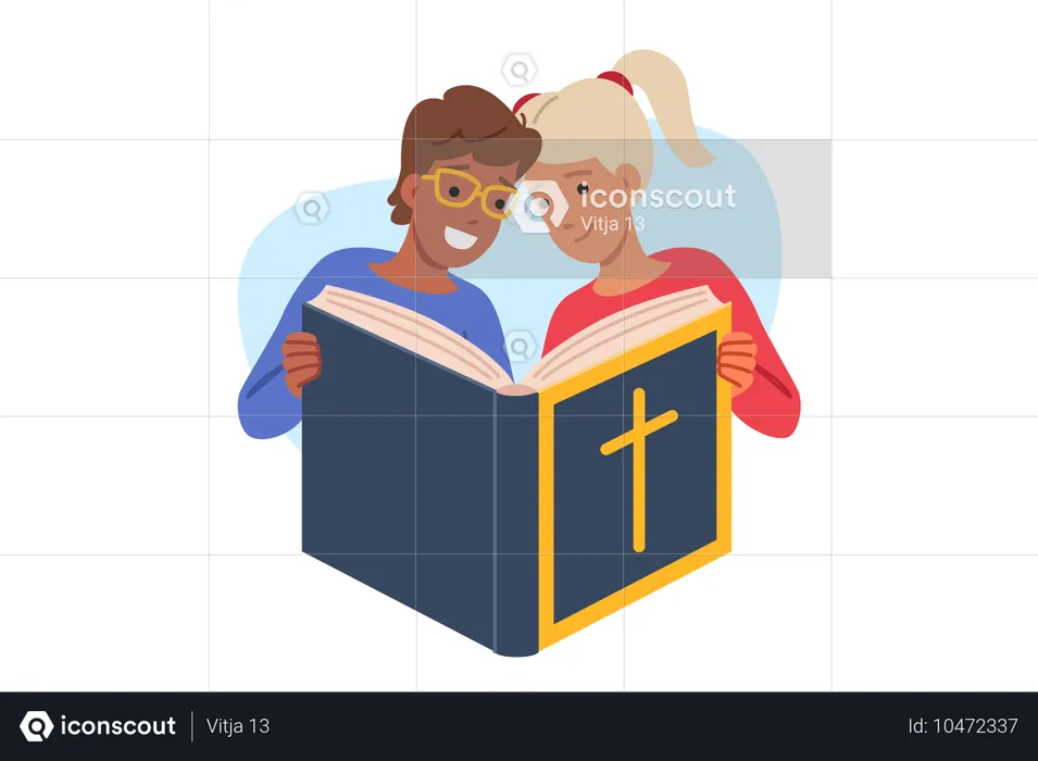 Little boy and girl studying christian literature about catholic faith  Illustration