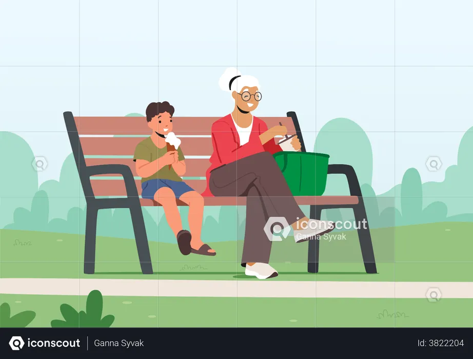 Little Boy And Grandmother Eating Ice Cream In City Park  Illustration