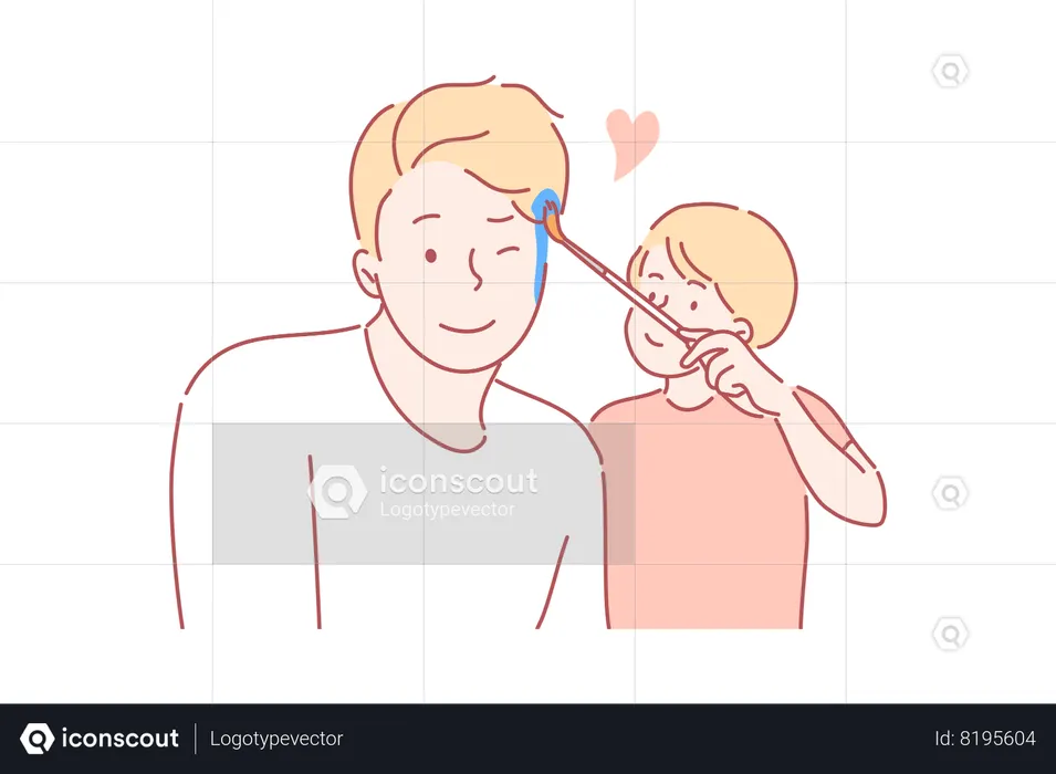 Little boy artist painting with brush on young man father face  Illustration