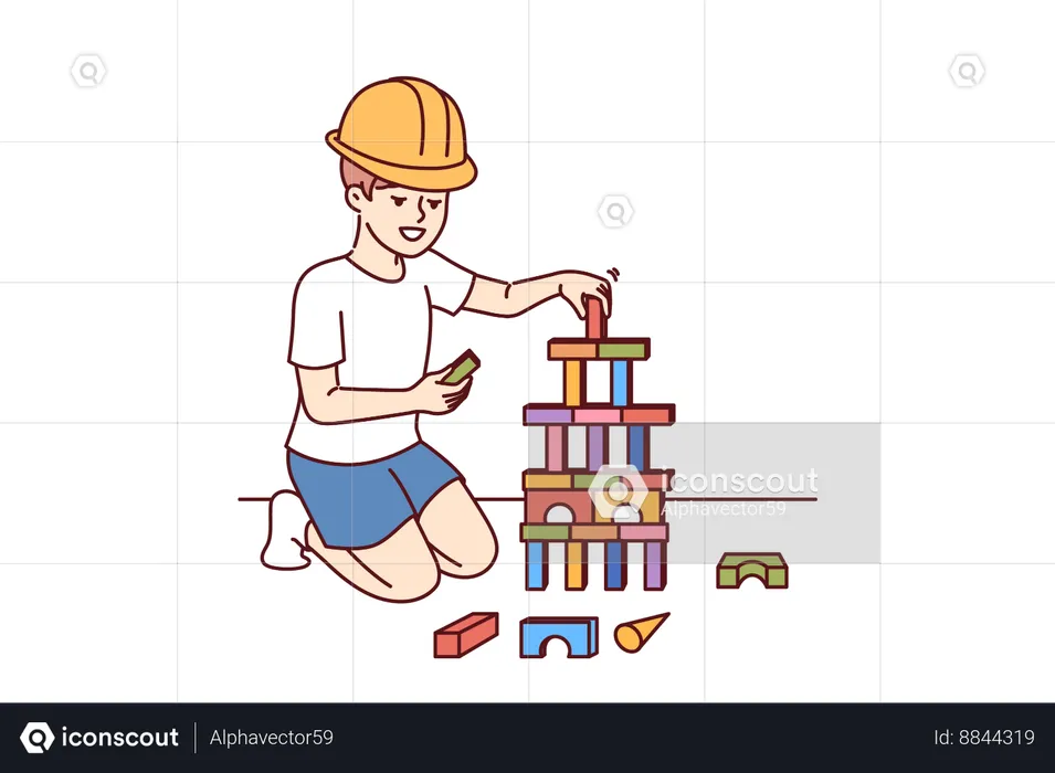 Little boy builder making brick tower  Illustration