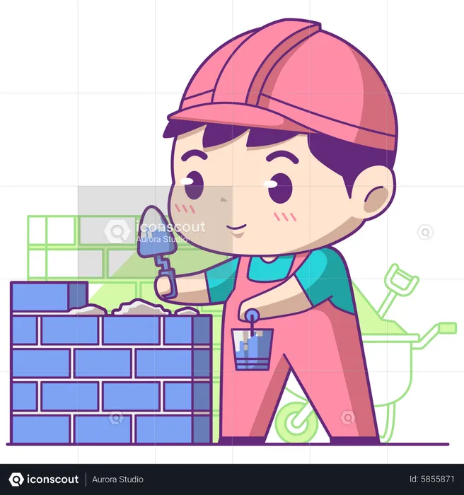 Little boy building brick wall  Illustration