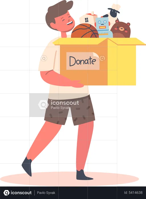 Little Boy Carry Big Carton Box with Donated Toys  Illustration