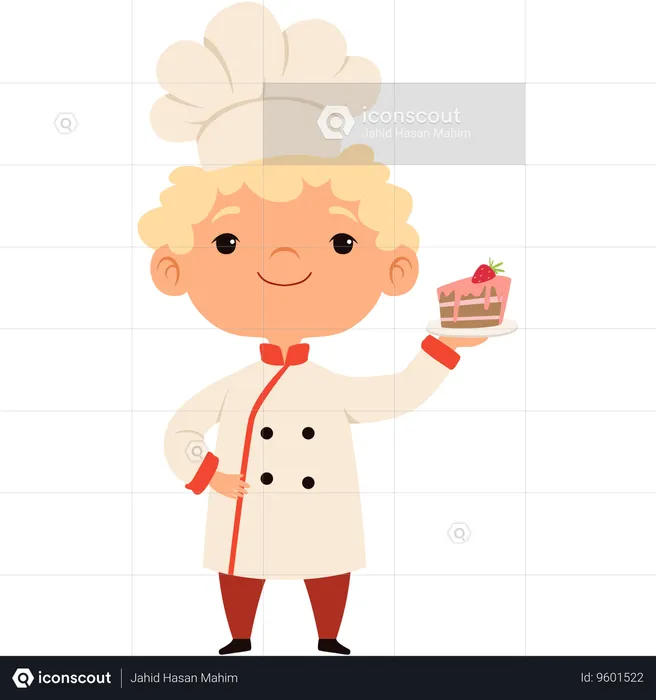 Little boy chef with cake piece  Illustration