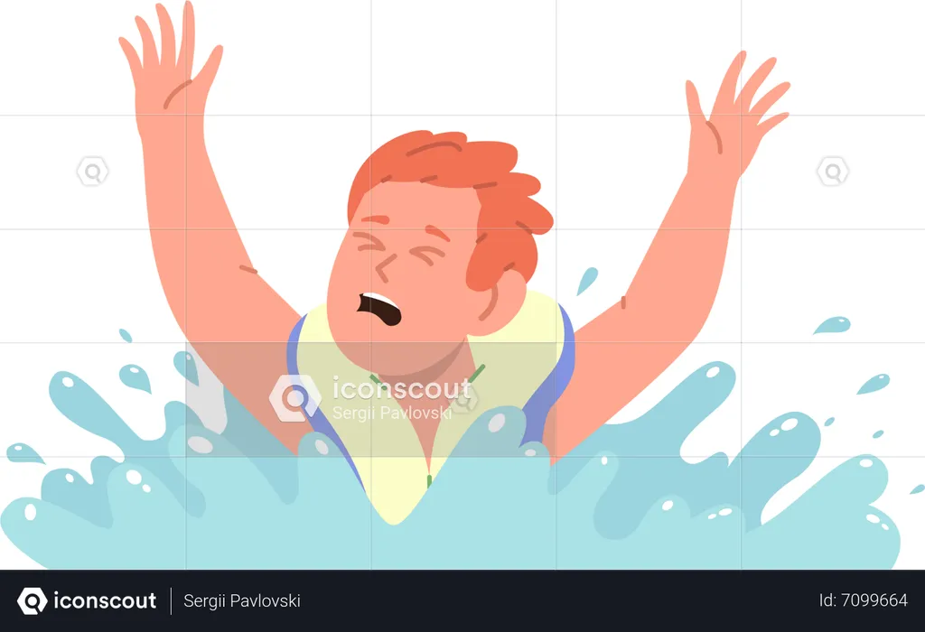 Little boy child wearing life vest crying while drowning in sea  Illustration