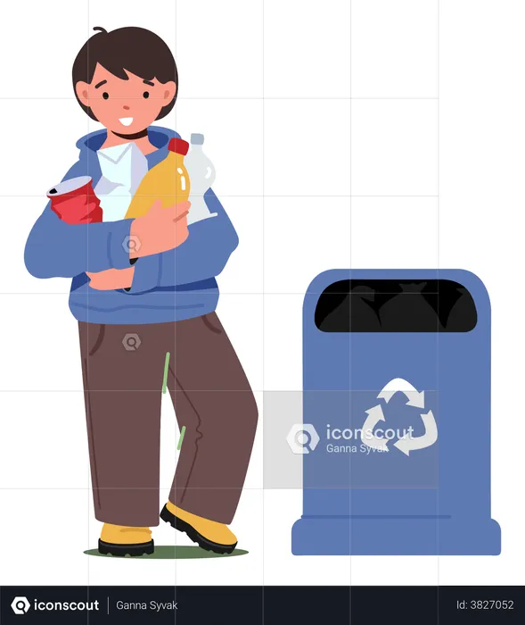 Little Boy Collect Trash And Holding Plastic Bottles Stand Near Recycling Bin  Illustration