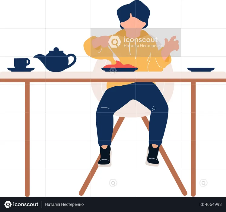 Little boy eating breakfast at table  Illustration
