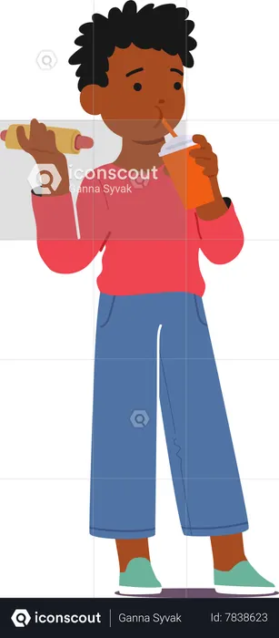 Little Boy eating Hot Dog And Soda Drink  Illustration
