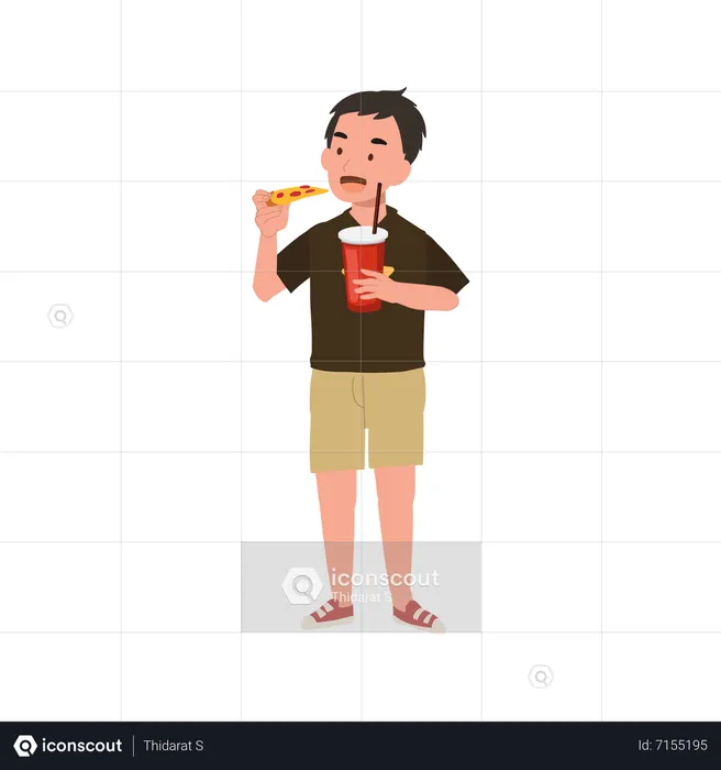 Little boy eating pizza and holding a glass of soft drink  Illustration