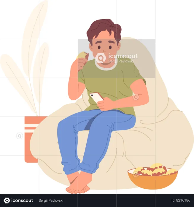 Little boy eating sweet unhealthy food sitting in armchair using smartphone  Illustration