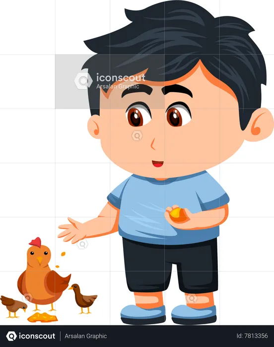 Little boy feeding hen  Illustration