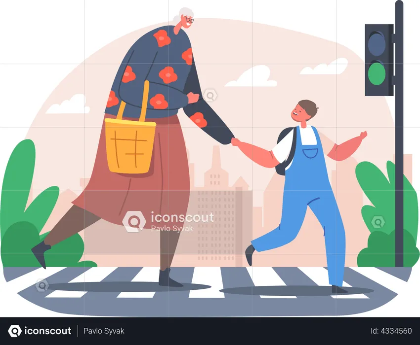 Little boy helping old aged woman in crossing road  Illustration