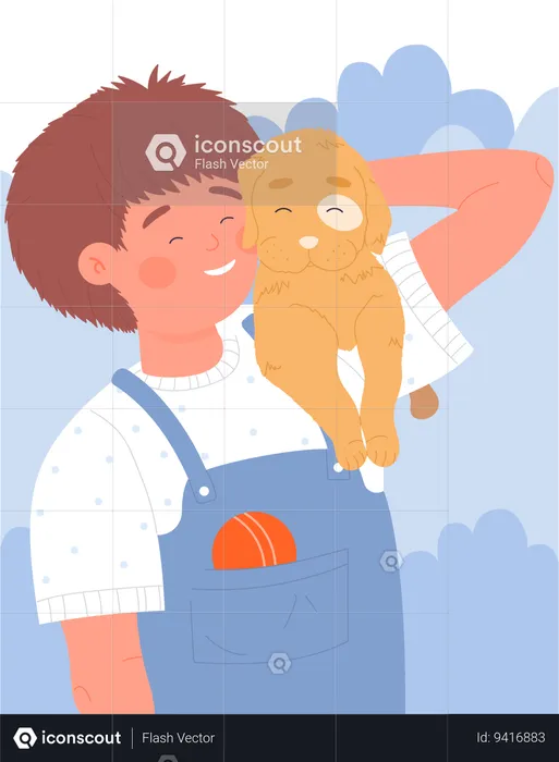 Little Boy holding Dog  Illustration