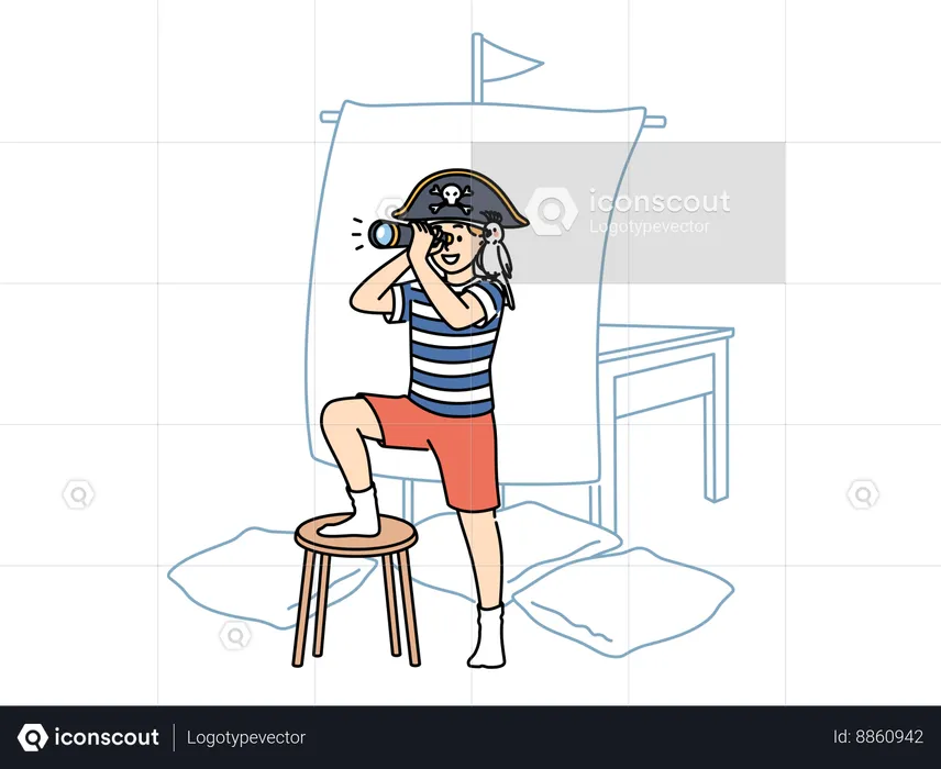 Little boy holding spyglass and standing near ship mast made of sheet and imagining long sea voyage  Illustration