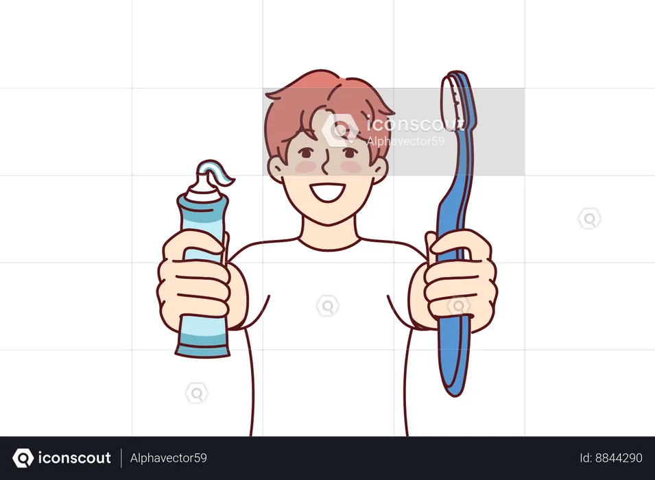 Little boy holds toothpaste and toothbrush  Illustration