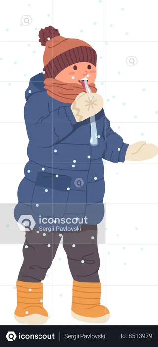Little boy licking ice enjoying snowfall  Illustration