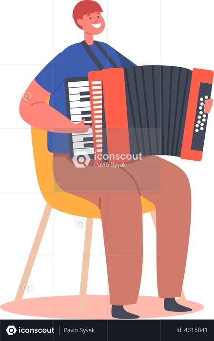 Little Boy Playing Accordion Modern Key Instrument  Illustration
