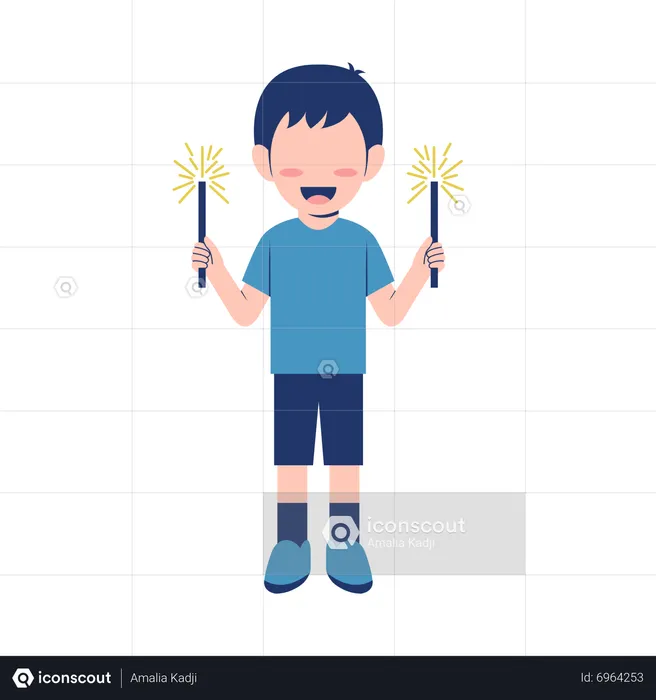 Little Boy Playing Fireworks  Illustration