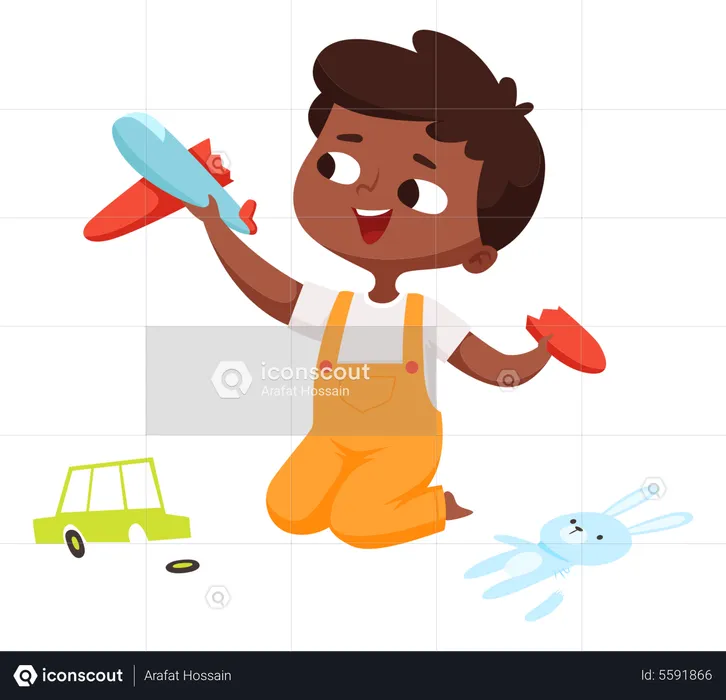 Little boy playing with plane toy  Illustration