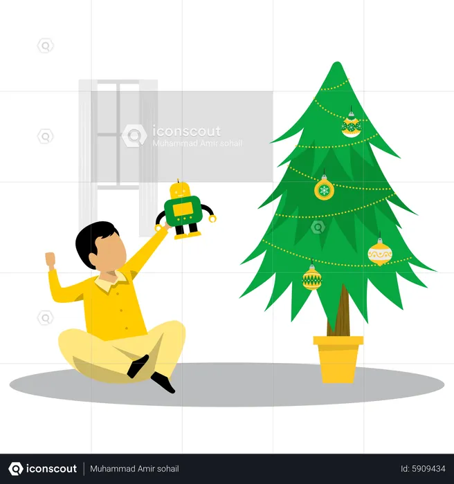 Little boy playing with toy near christmas tree  Illustration
