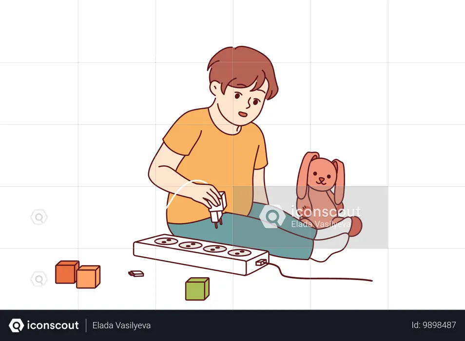감전 및 부상 위험이 있는 전기 제품을 가지고 노는 어린 소년  일러스트레이션