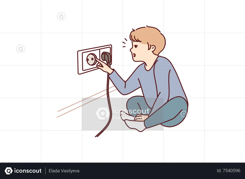 Little boy plug into socket  Illustration