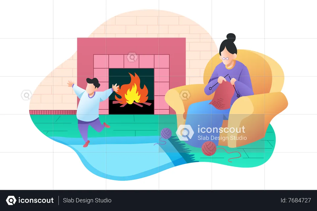 Little boy plying at home with grandma  Illustration