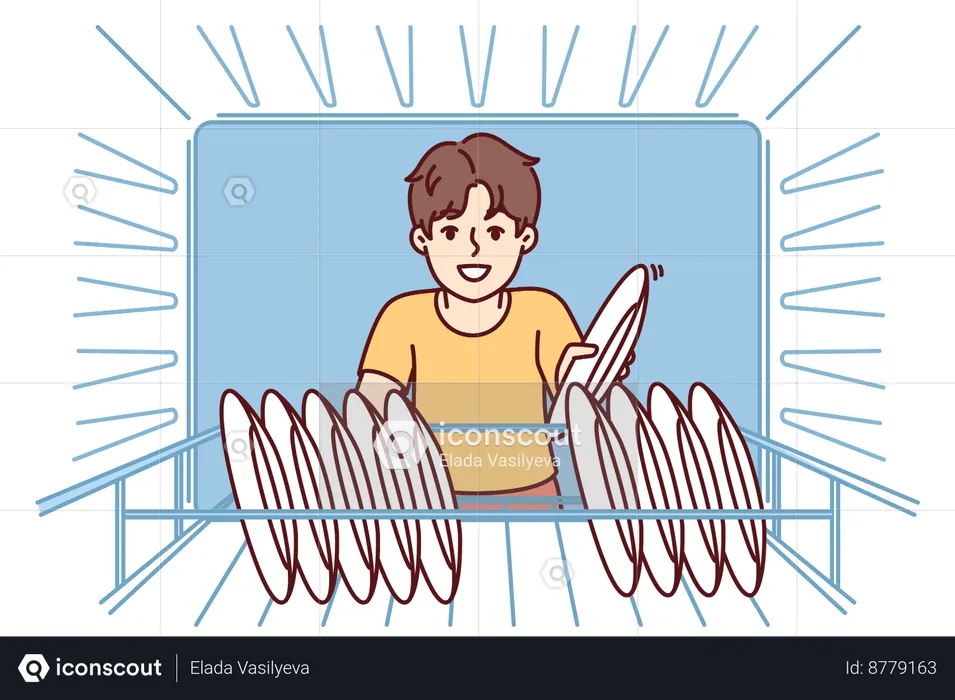 Little boy puts dishes in dishwasher  Illustration
