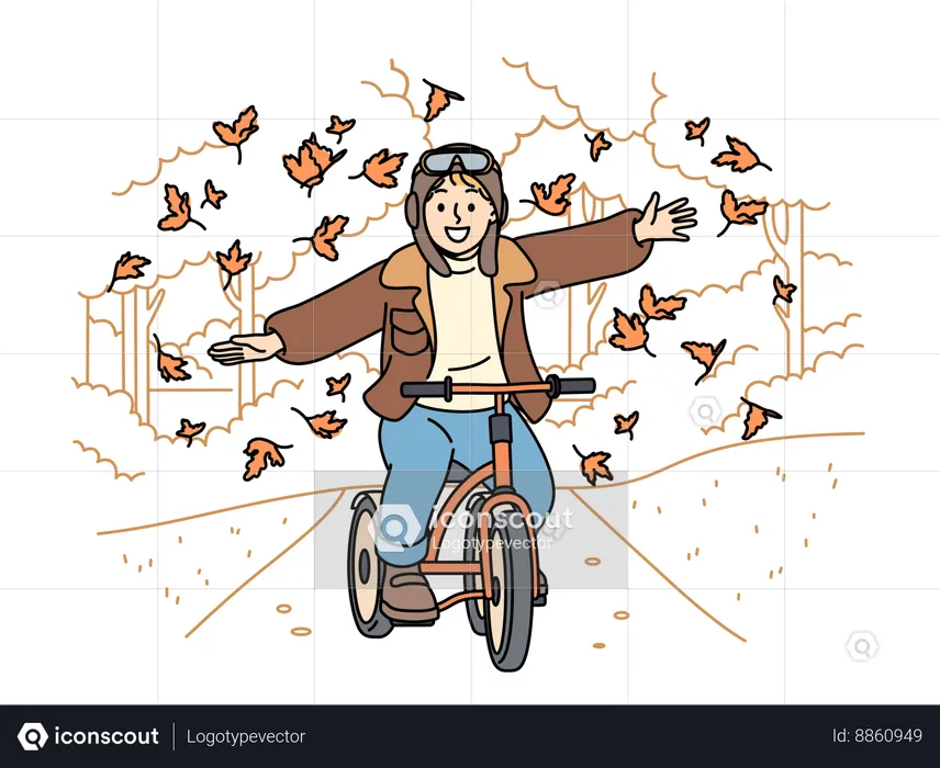 Little boy riding bicycle through autumn park and spreads arms to sides enjoying falling leaves  Illustration