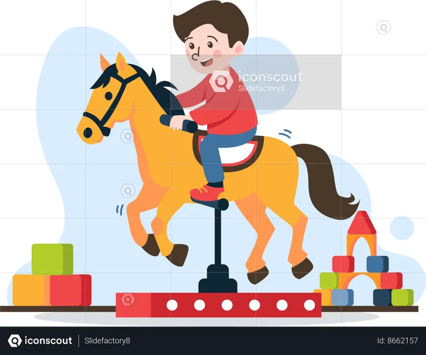 Little boy riding on toy horse  Illustration