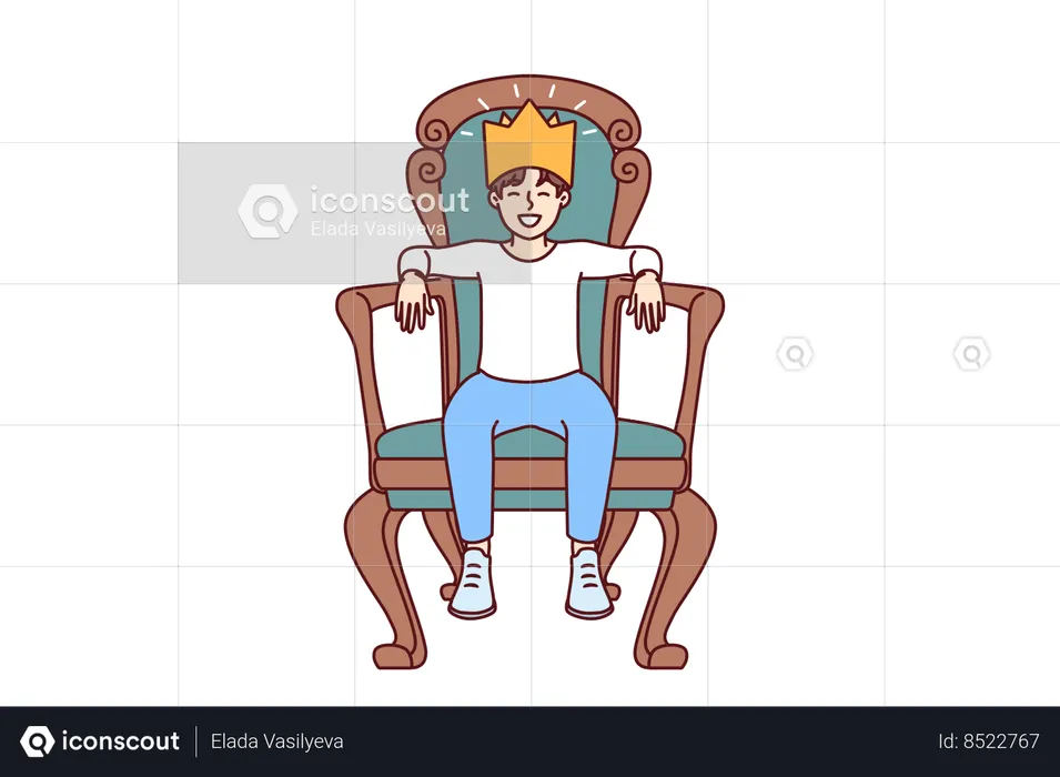 Little boy sits on throne with crown on head  Illustration