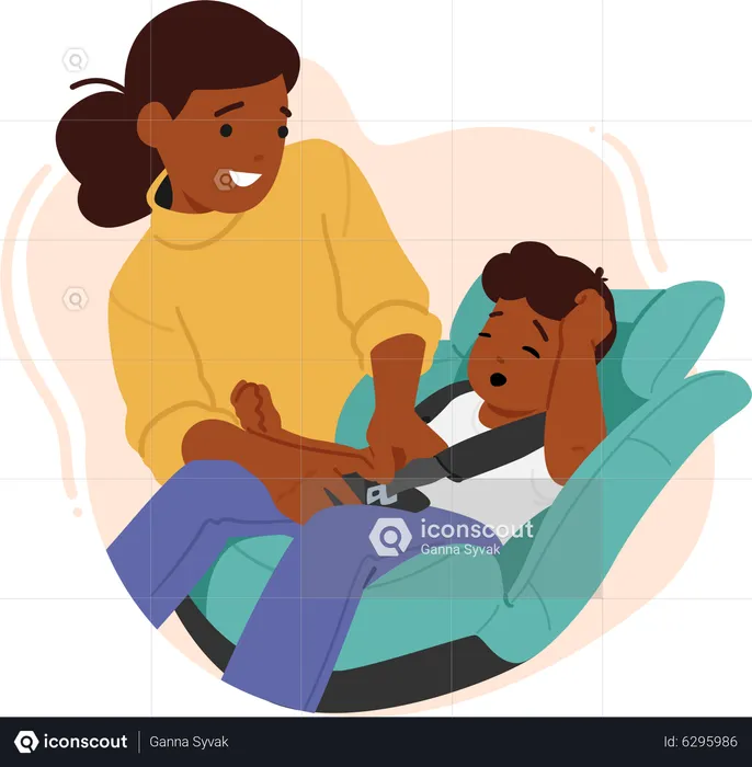 Little Boy Sitting On Car Baby Seat With Mother Holding Him Safety Belt  Illustration