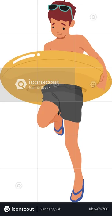 Little boy stand with inflatable ring  Illustration