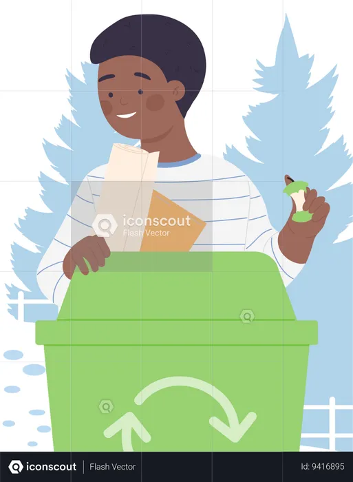Little boy throw waste in recycle bin  Illustration