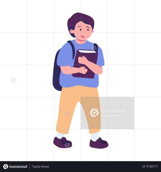 Little Boy Walking With Holding Book  Illustration