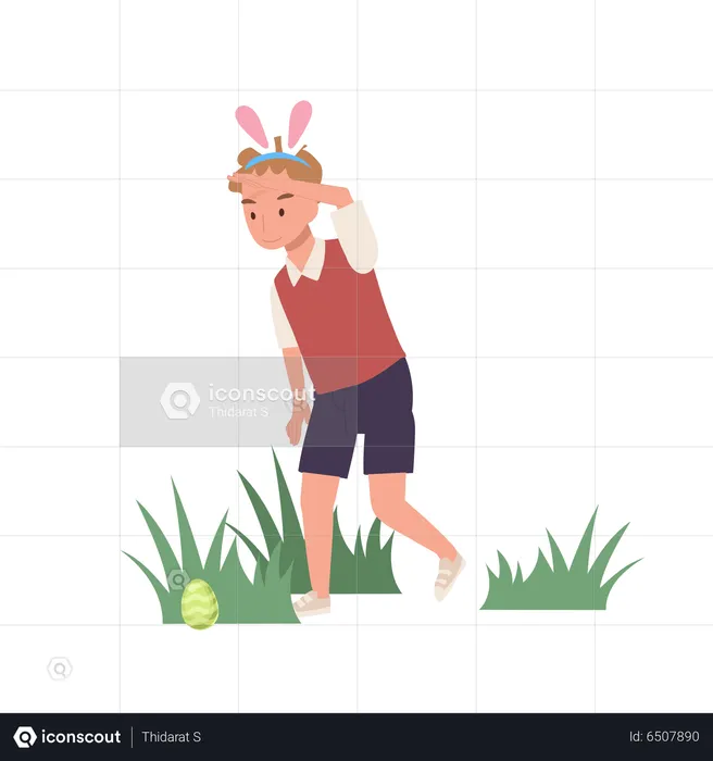 Little boy with bunny ears is finding ,hunting an easter egg  Illustration