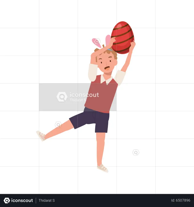 Little boy with bunny ears is happy to found a Big Easter egg, holding big easter egg upper head  Illustration