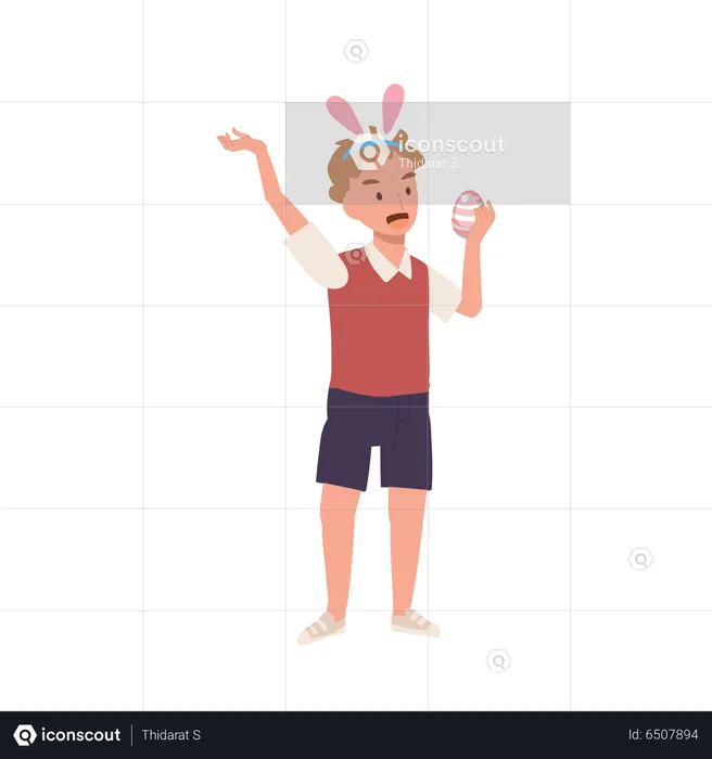 Little boy with bunny ears is happy to found an Easter egg  Illustration