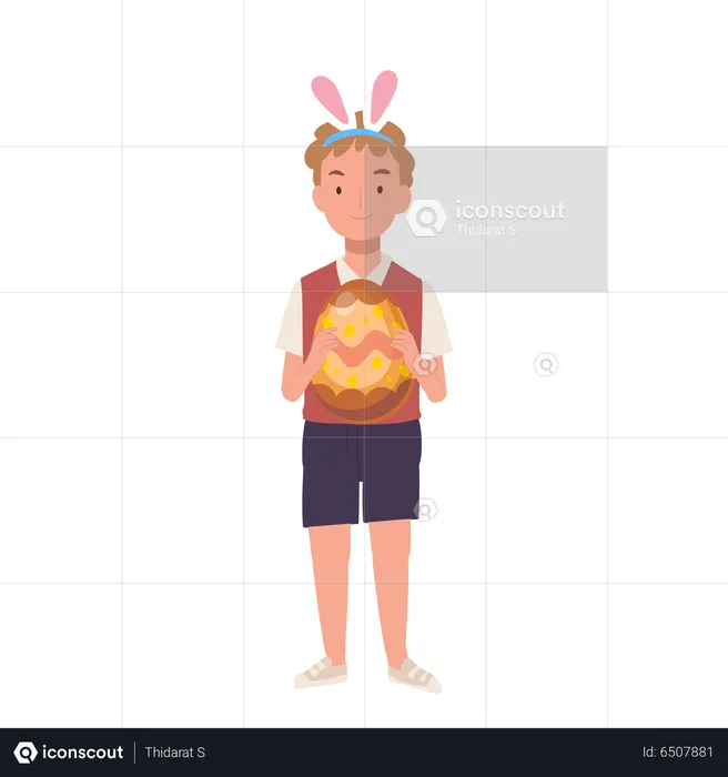 Little boy with bunny ears is holding a big Easter egg  Illustration