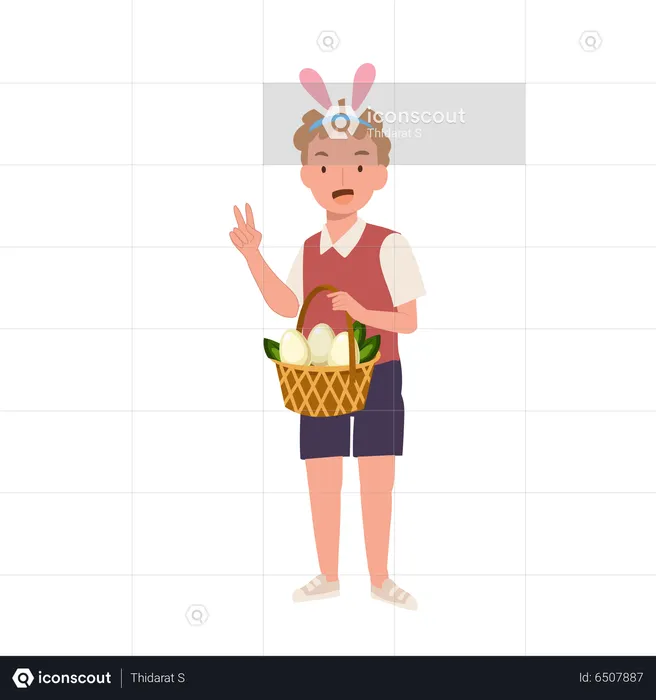 Little boy with bunny ears showing fully basket from hunting an easter egg  Illustration