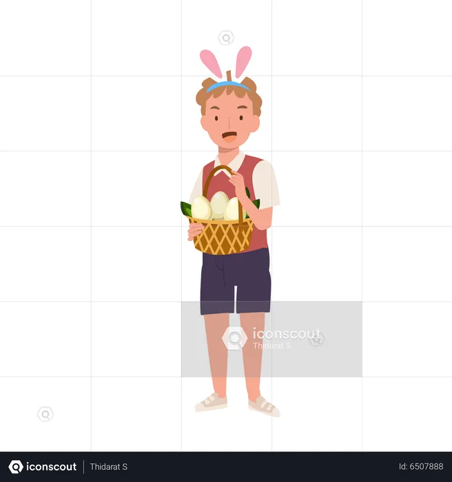 Little boy with bunny ears showing fully basket from hunting an easter egg  Illustration