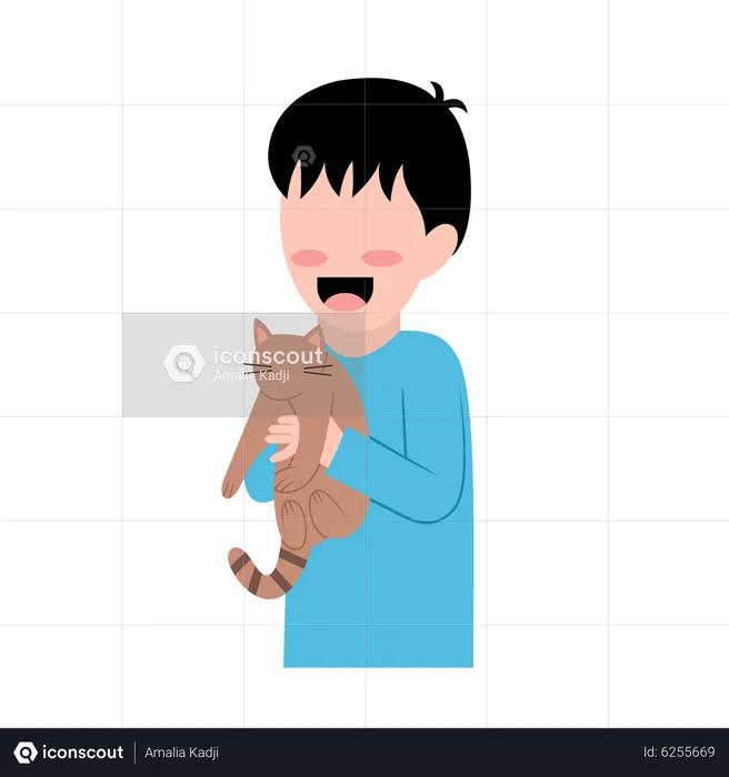 Little Boy With Cat  Illustration