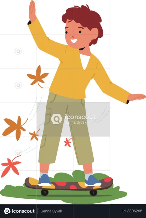 Little Boy With Cute Smile Glides On A Skateboard  Illustration