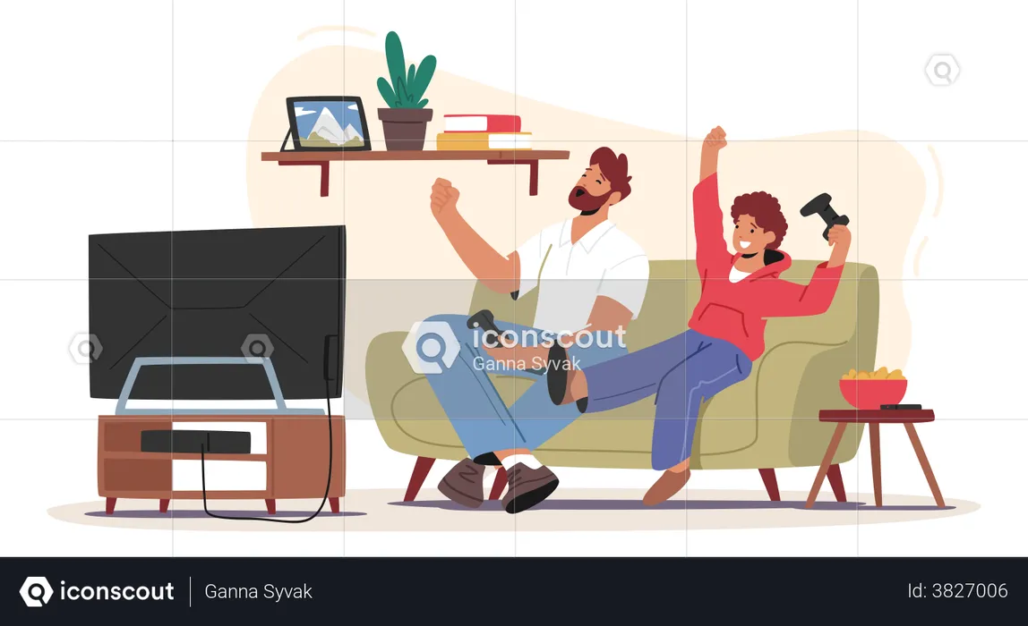 Little Boy With Dad Playing Video Games  Illustration