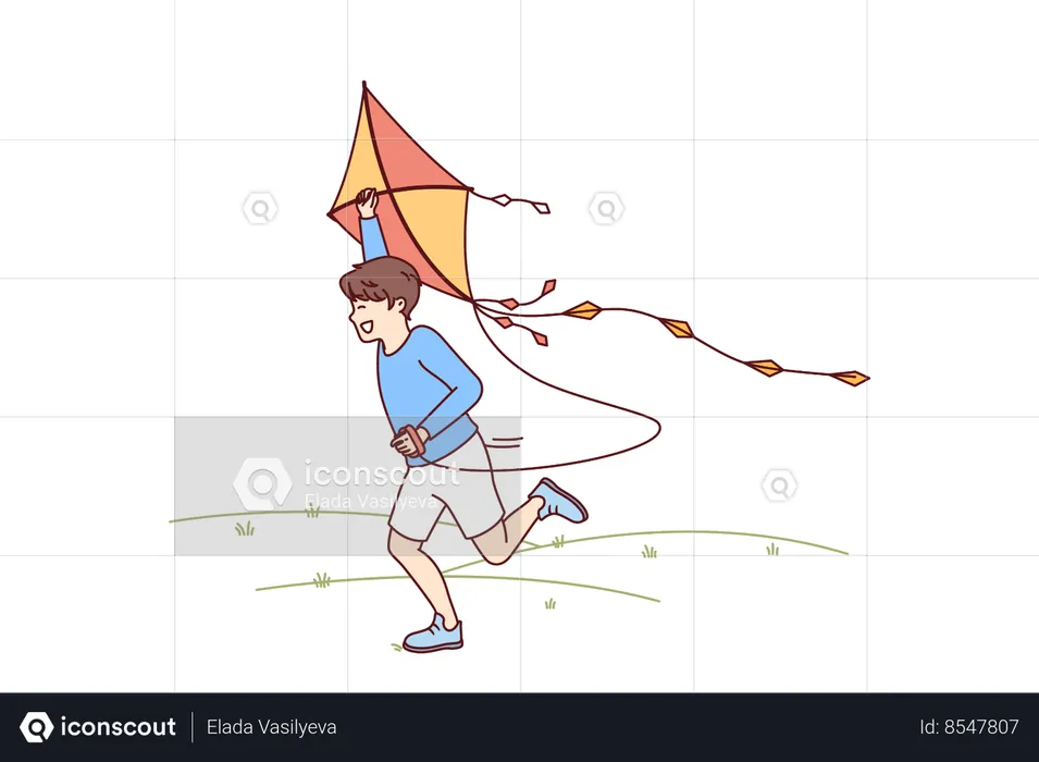 Little boy with kite runs through meadow enjoying summer walk with favorite toy  Illustration