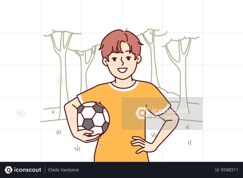 Little boy with soccer ball enjoys outdoor recreation and with smile looks at screen  Illustration