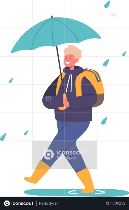 Little Boy with Umbrella Walking at Rainy Weather to School  Illustration