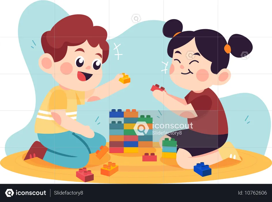 Little brother and sister playing puzzle  Illustration