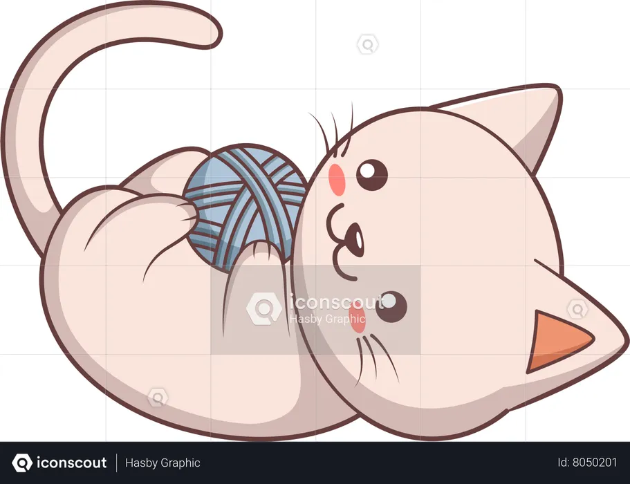 Little Cat playing with yarn ball  Illustration