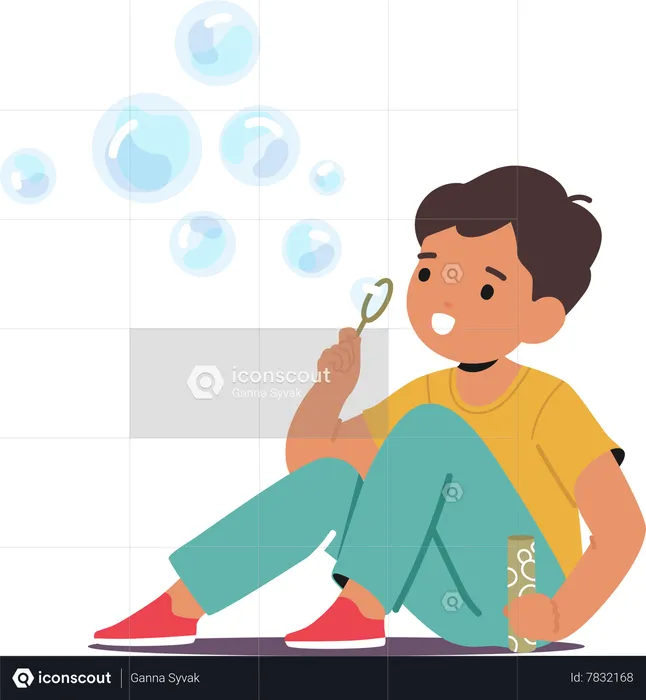 Little Child Boy Playfully Blow Delicate Soap Bubbles  Illustration