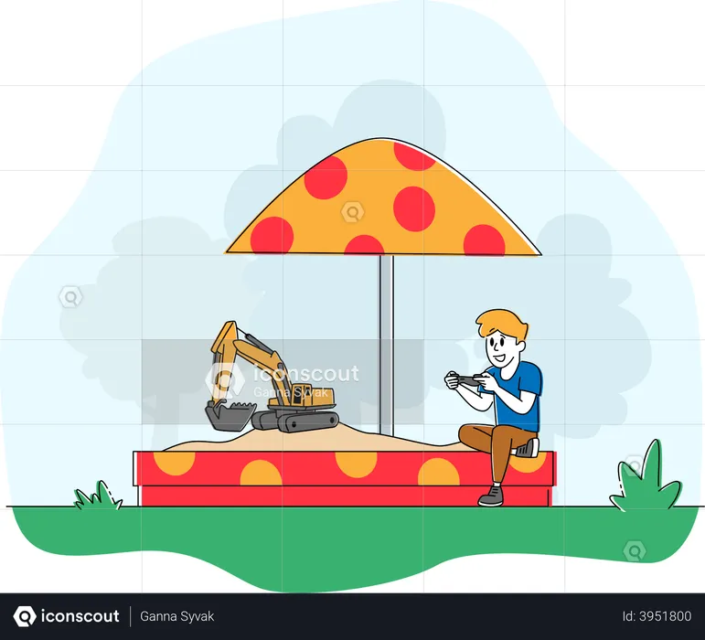 Little Child Playing in Sandbox with Toy Excavator on Remote Control  Illustration